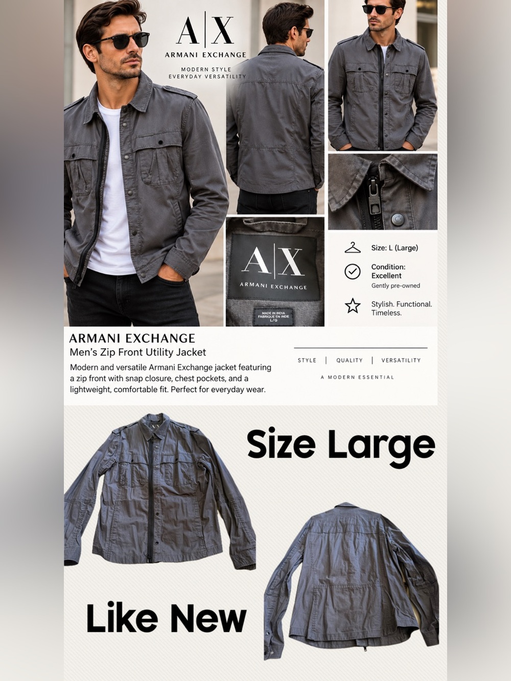Armani Exchange Men's Gray Zip-Front Military Utility Jacket